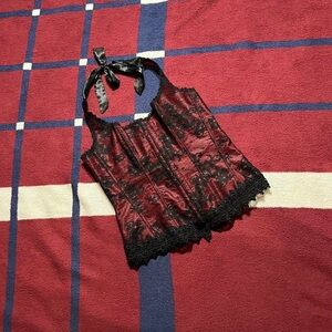 Frederick’s of Hollywood Red halter neck Women’s bustier corset black lace 38